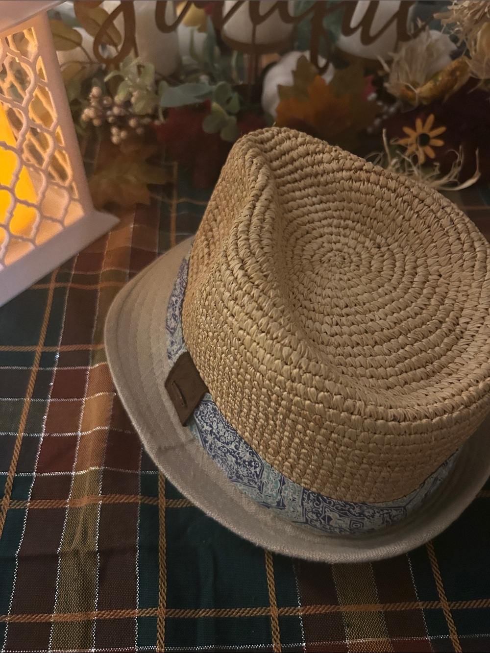 Men's Tan Straw Trilby with Blue Patterned Band